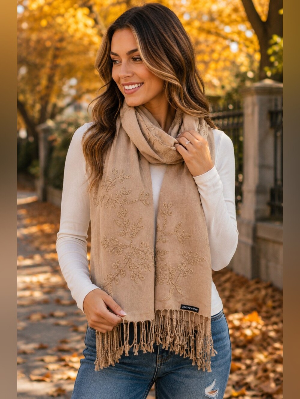 🌸 Jones New York Embroidered Floral Fringe Scarf | Soft Beige Viscose Wrap Shaw